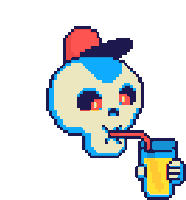 a pixel art illustration of a skull drinking from a glass through a straw