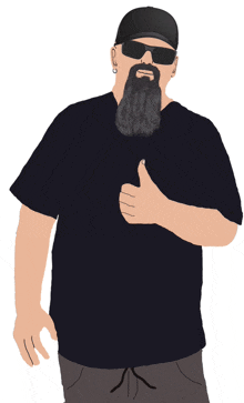 a man with a beard wearing sunglasses and a black shirt gives a thumbs up