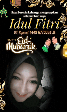 a greeting card for idul fitri with a woman in a hijab