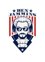 a logo for ben jamming with a bearded man wearing sunglasses