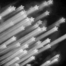 a black and white photo of a row of white stars flying in the night sky .