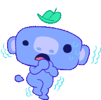 a blue cartoon character with a leaf on top of his head