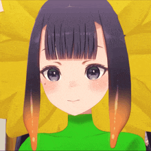 a close up of a girl 's face with a green top