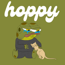 a frog is crying while holding a cat and the word hoppy is on the bottom