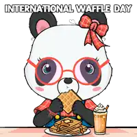 a panda bear wearing glasses is eating a waffle and drinking a milkshake for international waffle day
