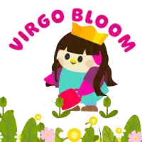 a girl with a crown on her head is watering flowers with the words virgo bloom behind her
