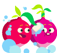 a cartoon illustration of two radishes washing each other with soap and water