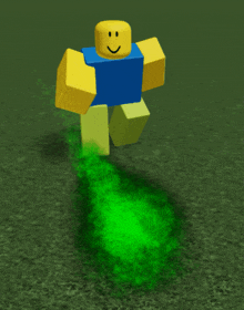 a roblox character with a smiley face and a green smoke trail behind him