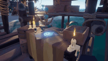 a table in a video game with candles and an anchor