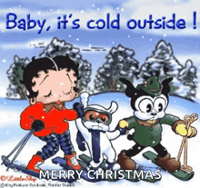 a christmas card with betty boop and two cartoon characters skiing