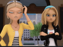 two cartoon girls are standing next to each other and one is scratching her head