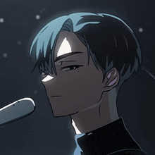 a drawing of a boy with blue hair and a black shirt