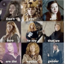 a collage of harry potter characters with the words `` don 't you dare to say that we are the weaker gender ''