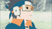 a cartoon character wearing headphones and goggles looks to the side