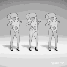 a black and white drawing of three slices of pizza dancing