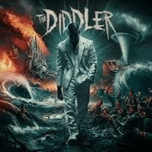 a man in a suit is standing in front of a fire and a tornado on the cover of a diddler album .