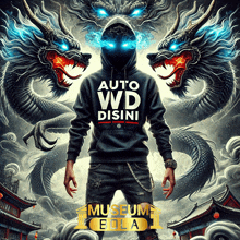 a man wearing a hoodie that says auto vvd disini stands in front of two dragons