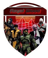 a group of video game characters are standing in front of a red sign that says royal blood