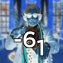 a man wearing headphones and a scarf has the number 61 on his face