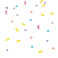 colorful confetti on a white background with purple circles and triangles