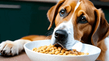 a brown and white dog is eating from a bowl of food