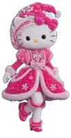 a hello kitty doll wearing a pink dress and a hat with the letter a.c. on it