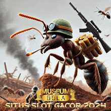 a giant ant with a helmet on smoking a cigarette and carrying a rifle