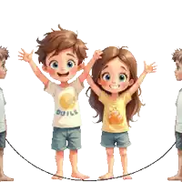 a boy and a girl are jumping a rope and the girl is wearing a shirt that says duille