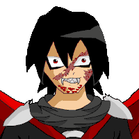 a drawing of a vampire with blood on his face and red eyes