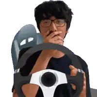 a man with glasses is holding a steering wheel in front of his face