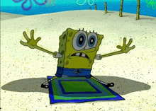 a cartoon character named spongebob is sitting on a towel on the beach .