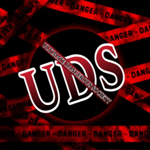 a logo for ultimate dangerous society with red danger tape behind it