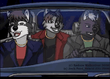 a pixel art of three furry characters in a car by andrew wallentin