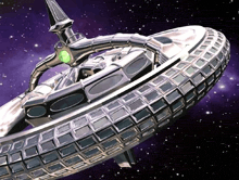 an illustration of a space ship with a green light on top