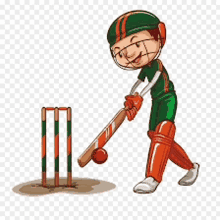 a cartoon illustration of a boy playing cricket on a transparent background