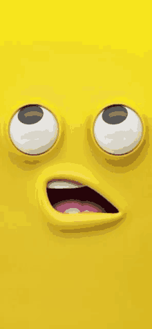 a close up of a yellow cartoon face with big eyes and a pink mouth .