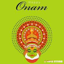 a colorful greeting card for onam with a green face on a green background