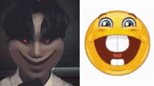 a picture of a man with red eyes next to a picture of a smiling smiley face