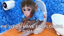 a monkey is sitting on a toilet in a bathroom with a blue tile wall .