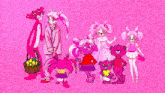 a group of pink cartoon characters are standing next to each other