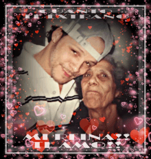 a picture of a man and an older woman with hearts around them and the words " mi reina texas "