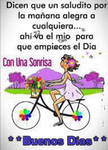 a cartoon of a woman riding a bicycle with flowers on the front .