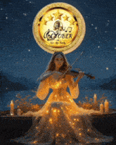 a woman in a white dress is playing a violin in front of a sign that says " october "