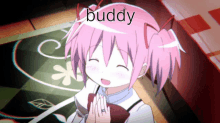 a girl with pink hair has the word buddy written above her