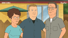 three cartoon characters are standing in front of a building that says hulu on it