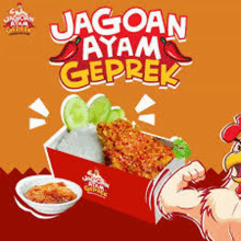 a poster for jagoan ayam geprek shows a chicken flexing his muscles while holding a box of food .