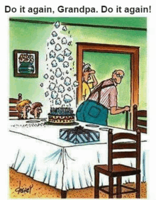 a cartoon of an elderly man standing next to a table with a birthday cake on it .