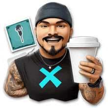 a man wearing a black shirt with a blue x on it holds a cup of coffee