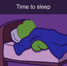 a cartoon of a frog laying in a bed with the words time to sleep above it