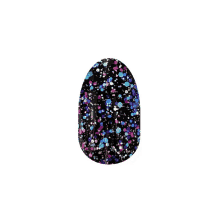 a close up of a black nail with purple and blue glitter on it